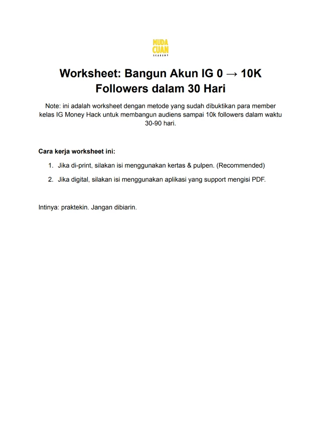 [FREE] Worksheet 0→10k dalam 30 Hari