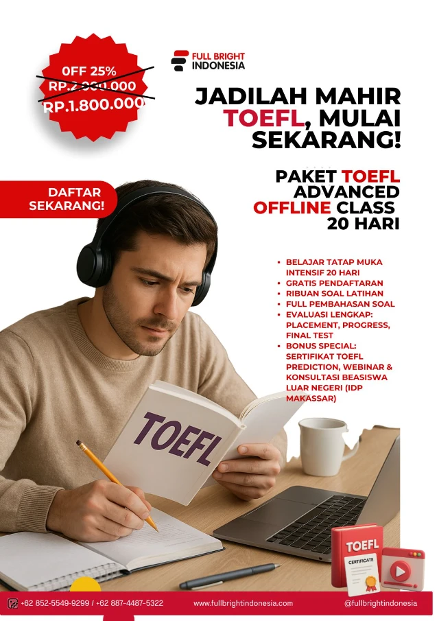 A7- Paket Platinum TOEFL Level Advanced (Offline, 20 Meeting)
