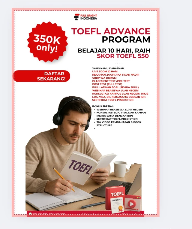 A3- Paket Premium TOEFL Level Advanced Online (10 Meeting)