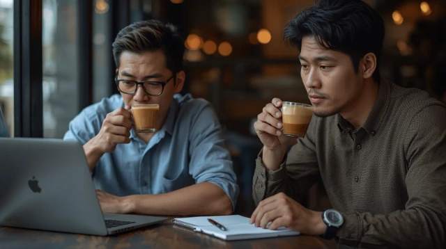 1764044927468-Foto DSLR ultra-realistic candid. Dua pria sedang meeting santai di kafe cozy. Di meja terdapat laptop terbuka dan sebuah buku catatan dengan pulpen di atasnya. Salah satu pria sedang mengangkat cangkir dan meminum 