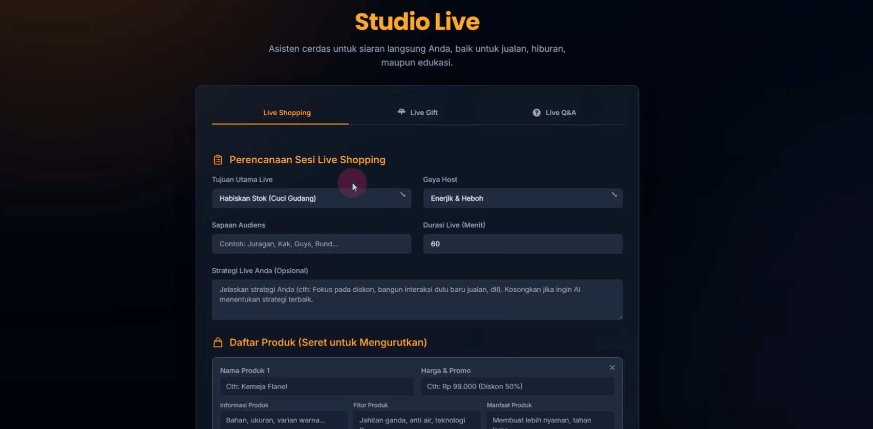 Tampilan Studio live PRIME