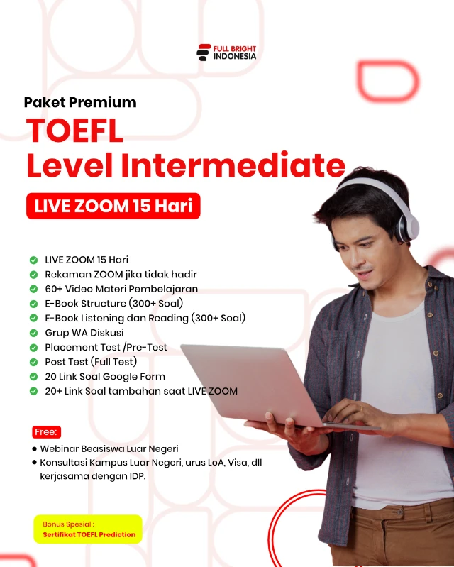 C2- Paket Premium TOEFL Level Intermediate LIVE ZOOM Non Intensif (15 Meeting)
