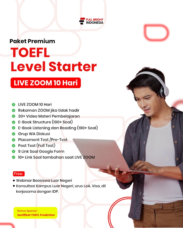 A1- Paket Premium TOEFL Level Starter LIVE ZOOM Intensif (10 Meeting)