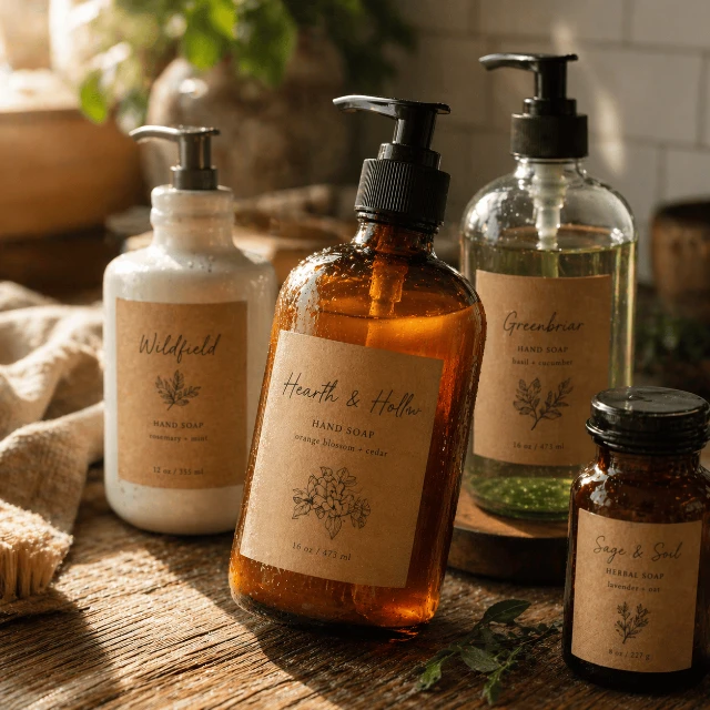 Deretan botol sabun dengan label brand pribadi