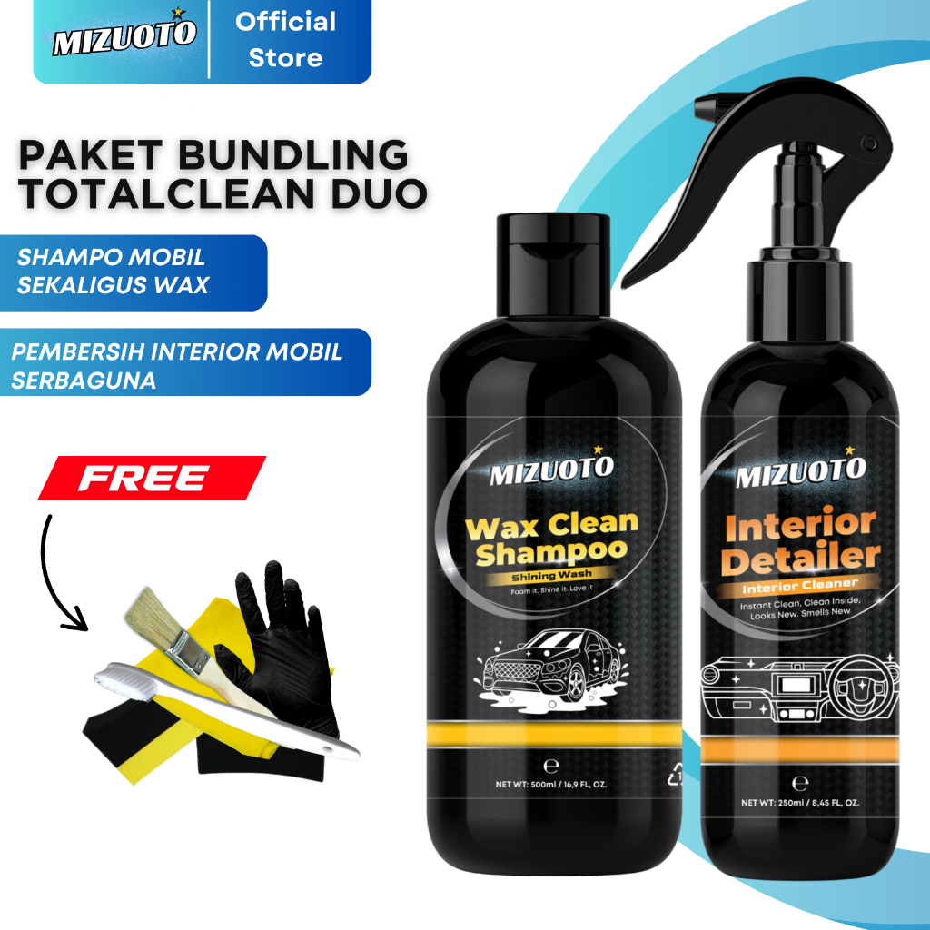 Mizuoto Paket TotalClean Duo – Shampo Mobil Wax Clean (WAX CLEAN SHAMPOO) + Pembersih Interior Mobil (INTERIOR DETAILER) + Kit Cuci & Detailing Mobil Motor Lengkap Dalam & Luar