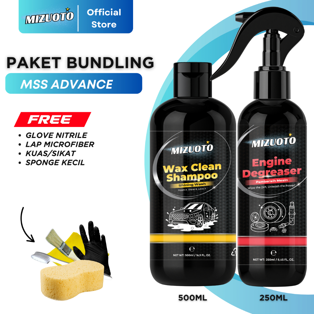 Mizuoto Paket MechShine Set – Shampo Wax Mobil Motor+ Pembersih Mesin Anti Oli & Grease, Cocok untuk Mobil & Motor