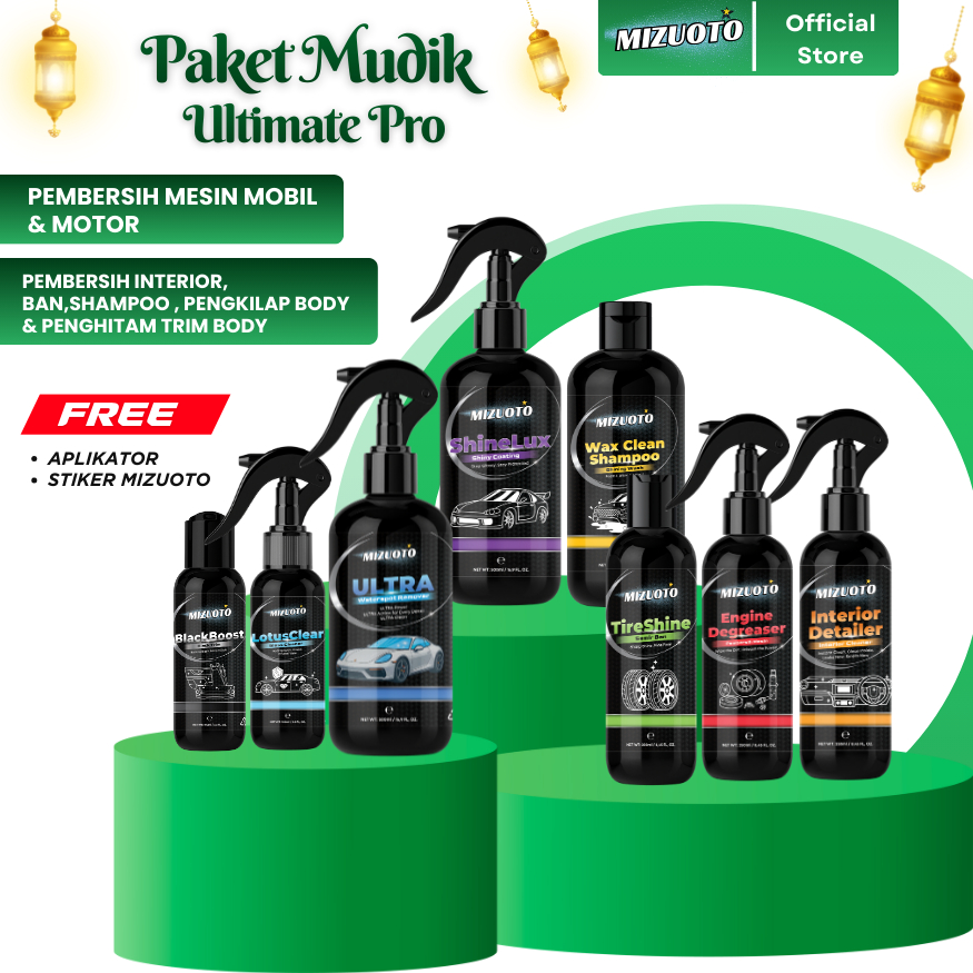 Mizuoto - Paket Mudik Ultimate Pro – Engine Degreaser + Ultra 500ml Kuas + ShineLux 500ml + Blackboost Trim + Interior Detailer + TireShine + LotusClear + Wax Shampoo + Bonus Microfiber 25x25 + Pad Aplikator