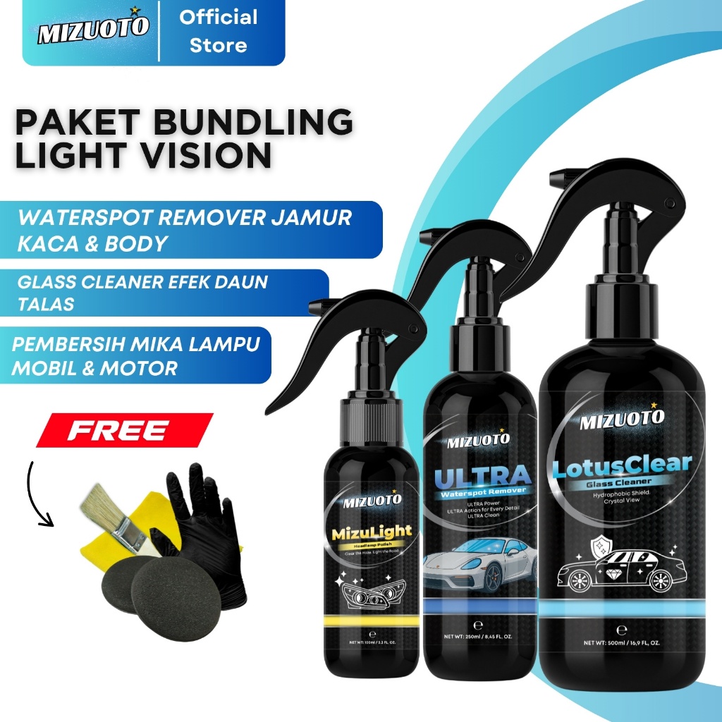 Mizuoto Paket Light Vision – Pembersih Mika Lampu (MIZULIGHT) + Glass Coating Efek Daun Talas (LOTUS CLEAR) + Obat Jamur Kaca Mobil (ULTRA) + Perlengkapan Detailing Lengkap Mobil & Moto