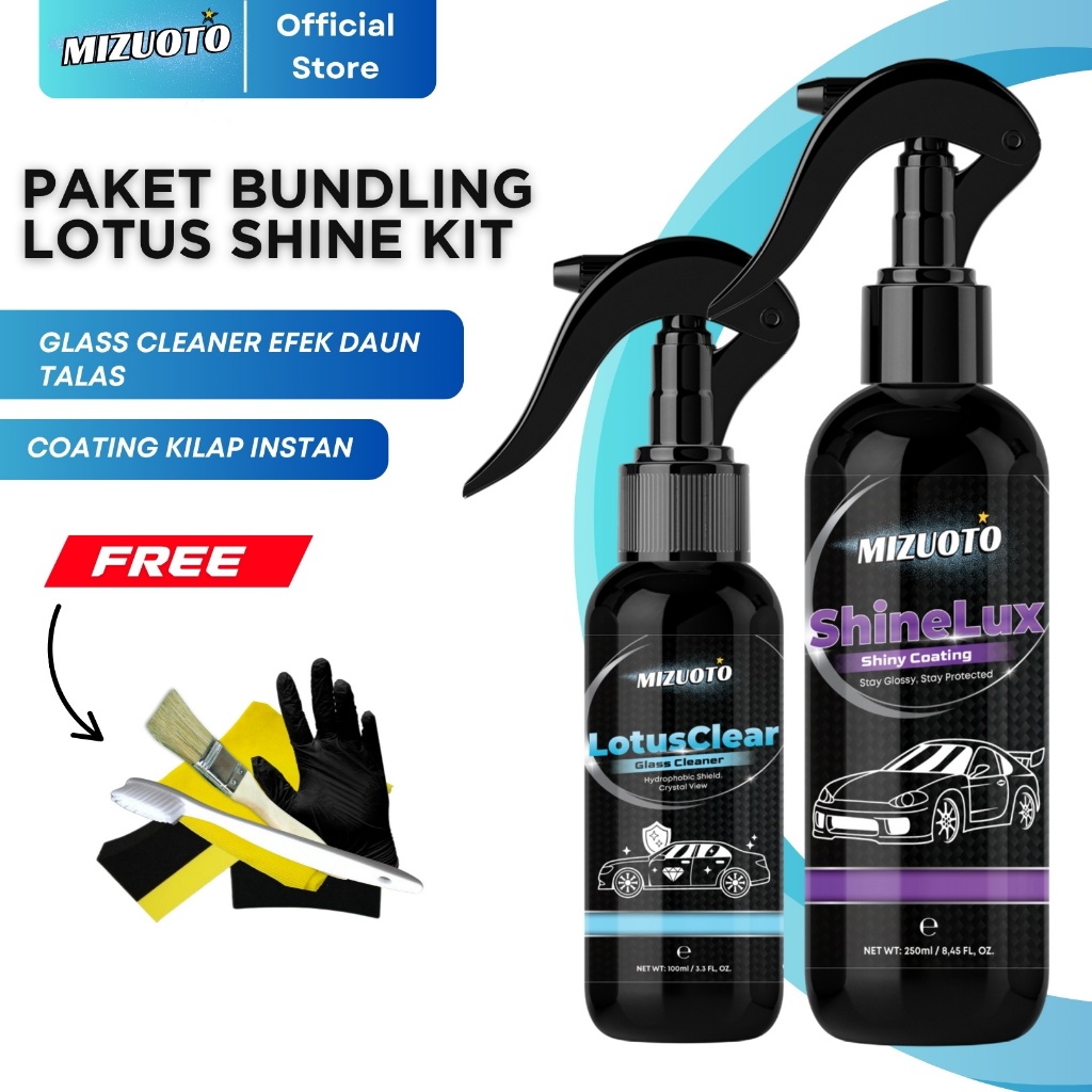 Mizuoto Paket Lotus Shine Kit – Glass Cleaner Efek Daun Talas (LOTUS CLEAR) + Spray Coating Kilap Instan (SHINELUX) + Perlengkapan Detailing Mobil Motor Lengkap Anti Air & Kilap Basah
