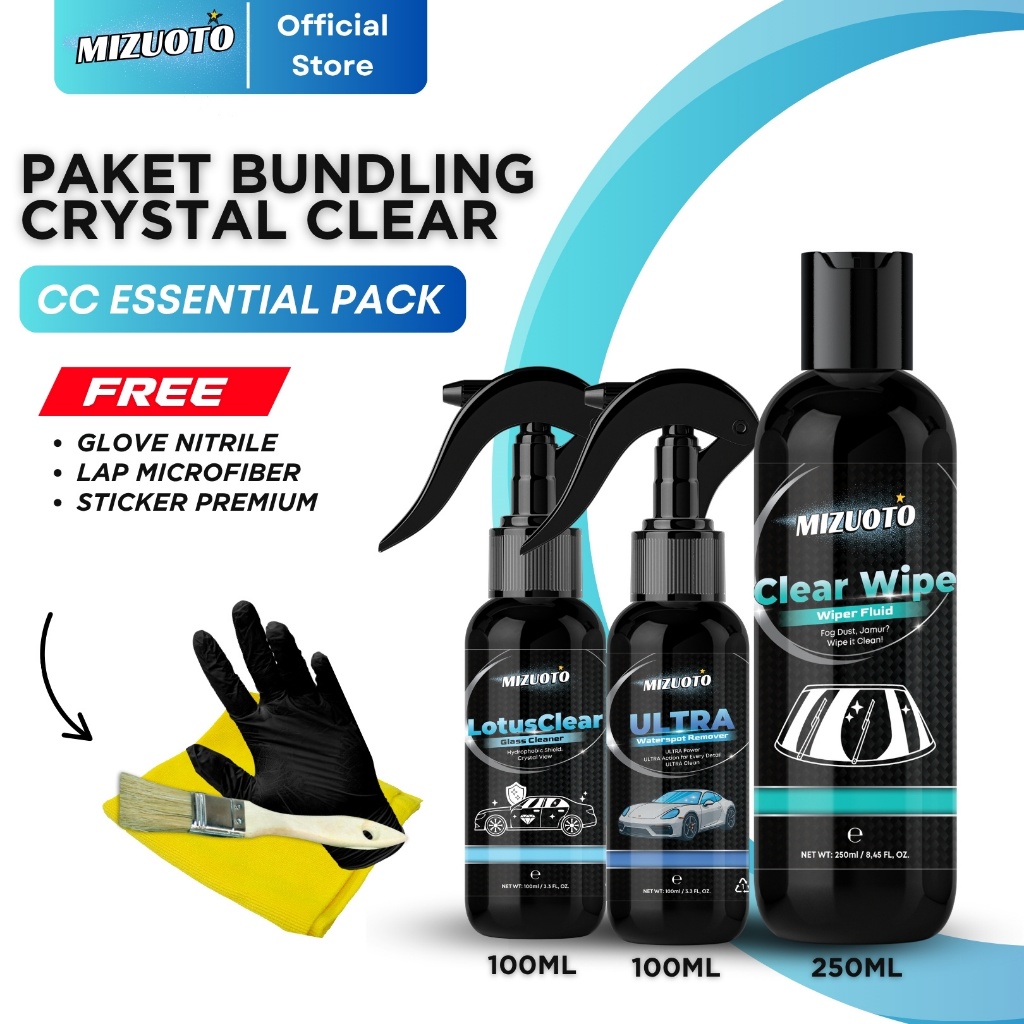 Mizuoto Paket Glass Cleaner– Pembersih Jamur Kaca Mobil & Body (ULTRA) + Glass Coating Efek Daun Talas (LOTUS CLEAR) + Cairan Air Wiper Mobil Motor Wiper Fluid Anti Kabut (CLEAR WIPE)