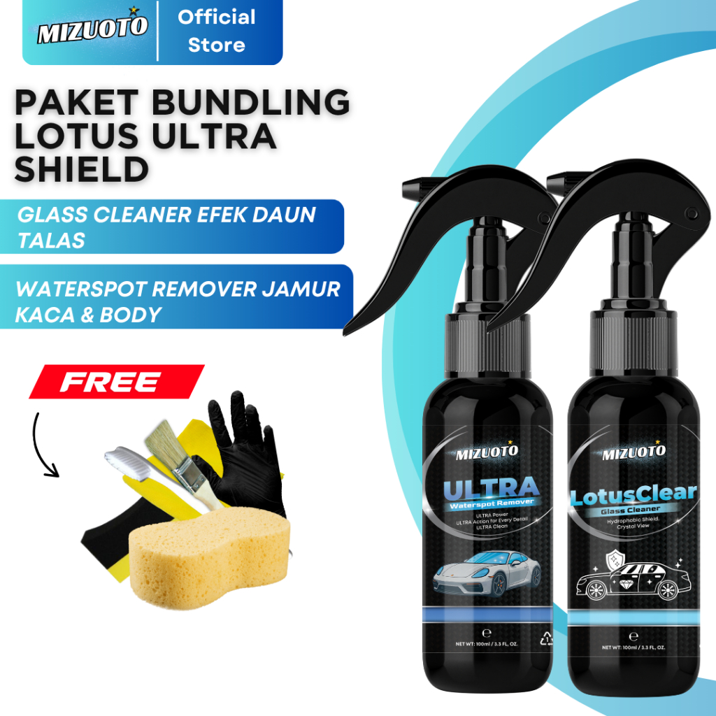 Mizuoto Paket Lotus Ultra Shield – Glass Coating Efek Daun Talas (LOTUS CLEAR) + Obat Jamur Kaca & Body Mobil (ULTRA) + Perlengkapan Detailing Minimalis Anti Air & Anti Jamur
