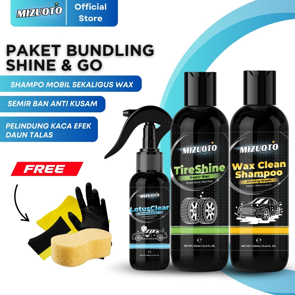 Mizuoto Paket Shine & Go – Shampo Mobil Wax Clean (WAX CLEAN SHAMPOO) + Glass Coating Efek Daun Talas (LOTUS CLEAR) + Semir Ban Anti Kusam (TIRESHINE) + Spons + Lap Microfiber + Glove