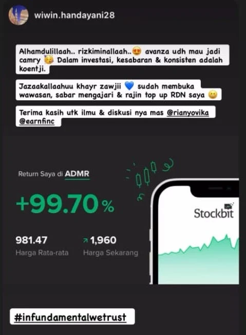 Testimoni member Earnfinc ADMR return 99.70 persen
