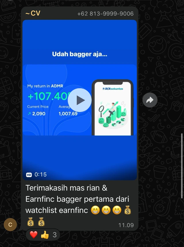 Testimoni member Earnfinc ADMR bagger 107.40 persen