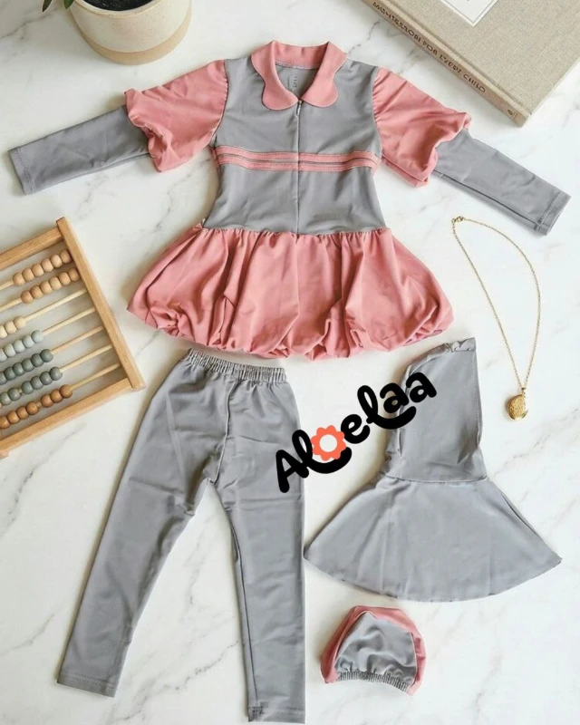 Aloelaa - Baju Renang Muslimah Anak Premium - Mauve Khaky Balloon Edition