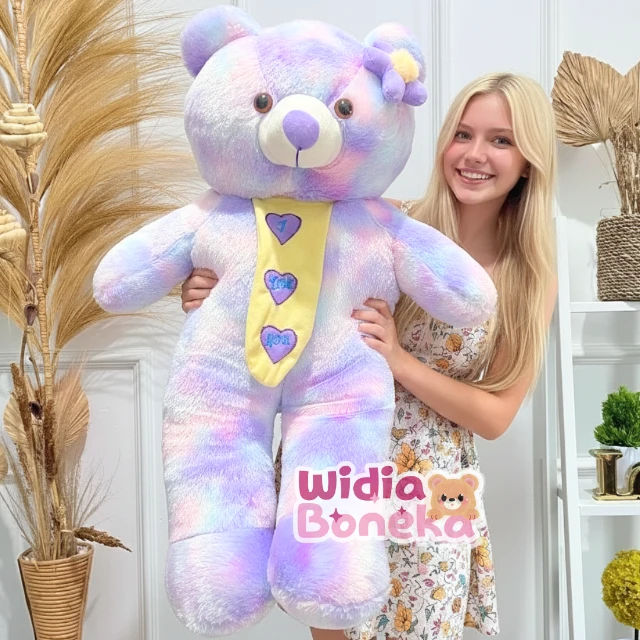 Boneka Teddy Bear Rainbow XL 70cm Variasi Dasi Bordir Dan Bunga Lucu lembut