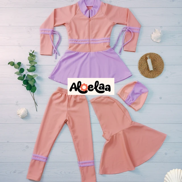 Aloelaa - Baju Renang Muslimah Anak Premium - Pink Vio Stripe Edition