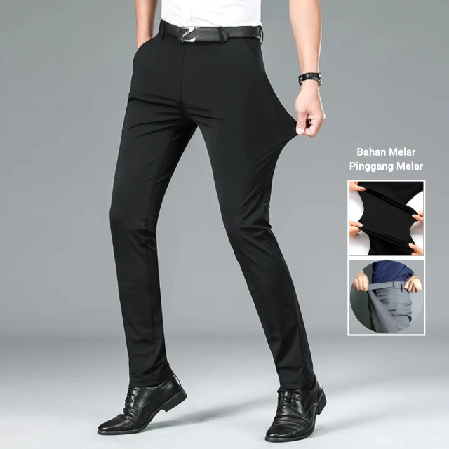 Size 27 - 39 Babazeg Celana Formal Bahan Melar/Stretch Slim Fit Pria Pinggang Melar