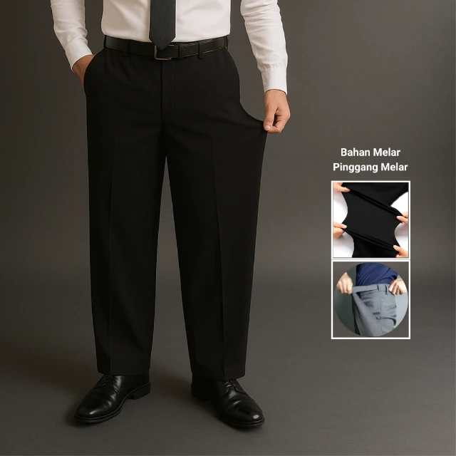  Size 40-45 Babazeg Celana Formal Bahan Melar/Stretch Reguler Fit Pria Jumbo Pinggang Melar