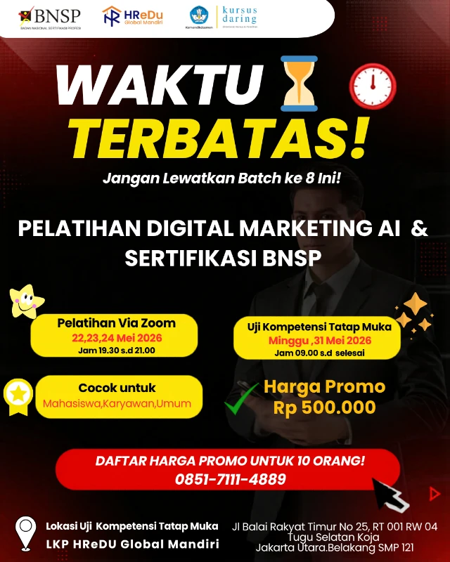 Pelatihan dan Sertifikasi BNSP Digital Marketing  AI  Batch 8
