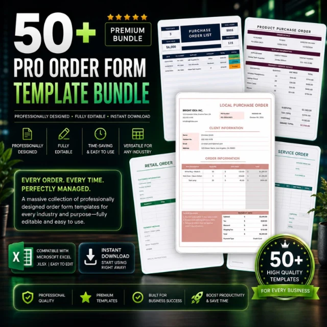 50 Editable Order Form Templates Bundle | Purchase Order & Invoice Sheets | Excel Spreadsheet Pack | Google Sheets Business Toolkit