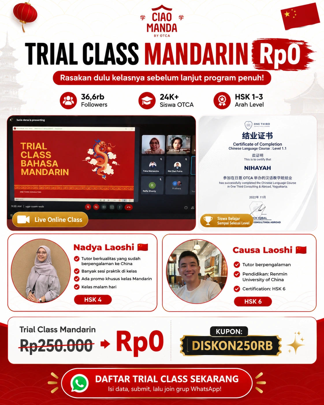 Trial Class Mandarin Ciao Manda, tutor Mandarin, bukti kelas, dan kupon DISKON250RB